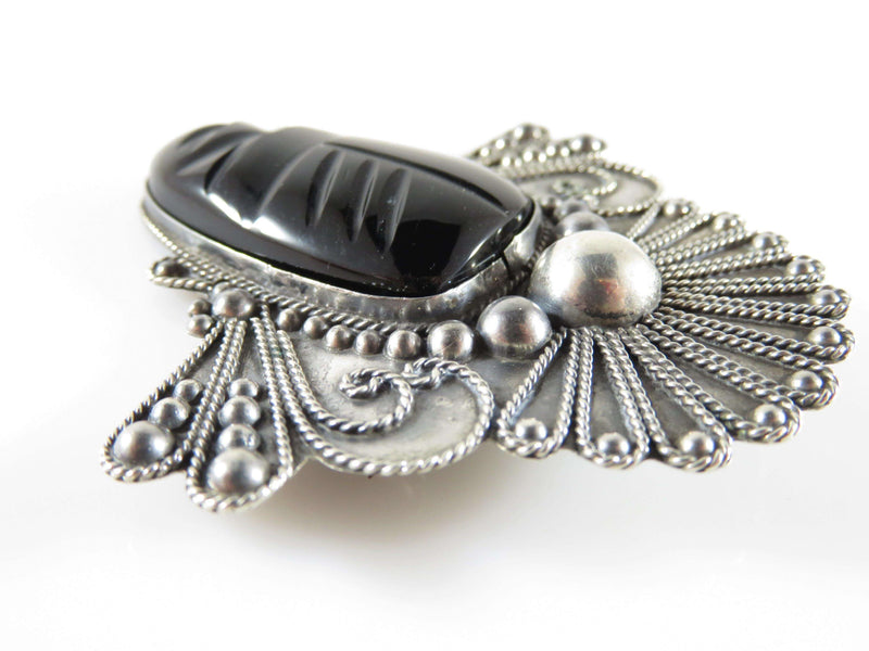 Large Vintage Mexico Taxco Black Onyx Sterling Silver Mask Brooch Pin - Just Stuff I Sell