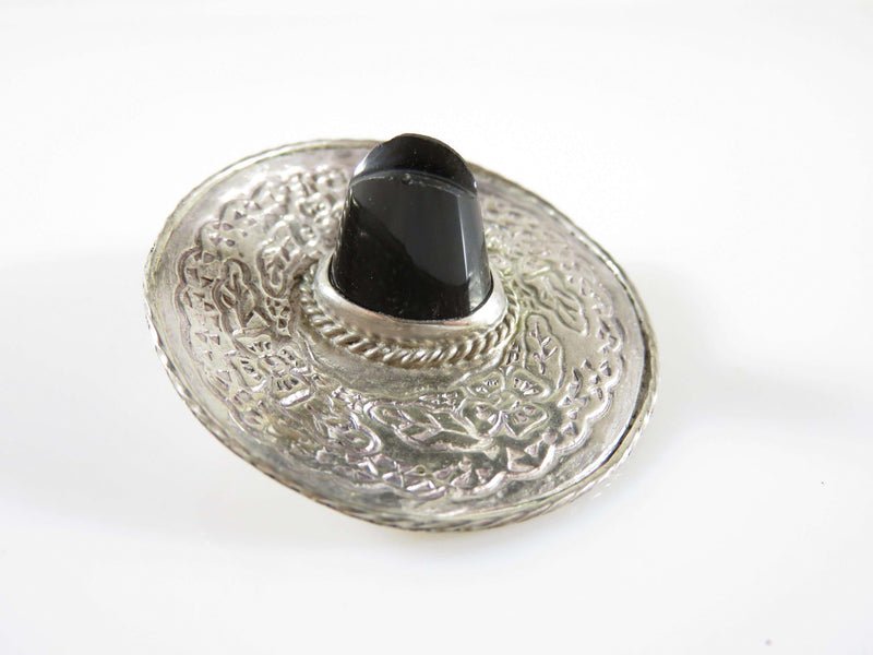 Old Sombrero Pin Brooch Sterling Silver & Onyx 925 Marked JE Hat Floral Etched Design - Just Stuff I Sell
