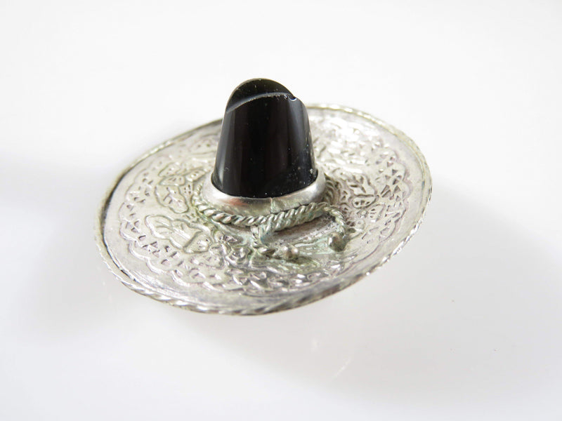 Old Sombrero Pin Brooch Sterling Silver & Onyx 925 Marked JE Hat Floral Etched Design - Just Stuff I Sell