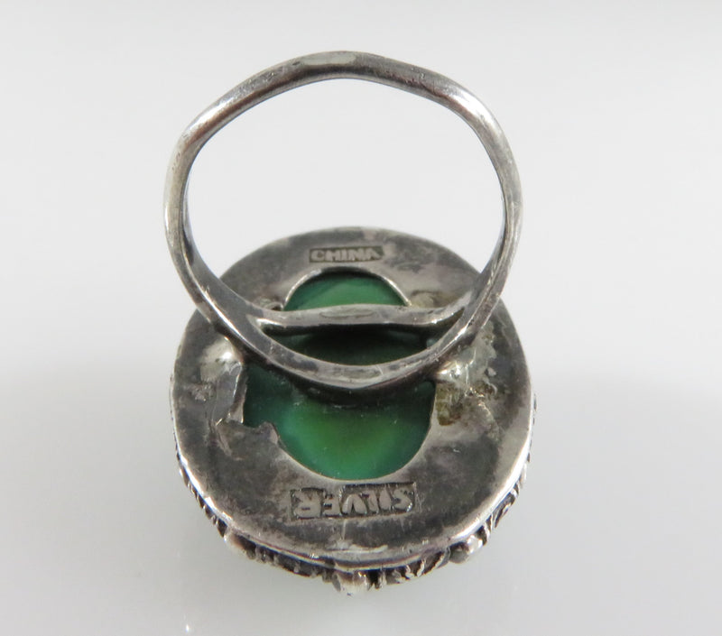 Vintage & Unique Year of The Goat Circa 1931/43 Green Glass Sterling Chinese Ring Size 6