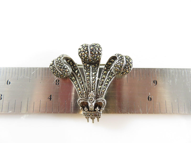 Sterling Marcasite Royal Crown Feather Plume Wallis Simpson Brooch Pin - Just Stuff I Sell