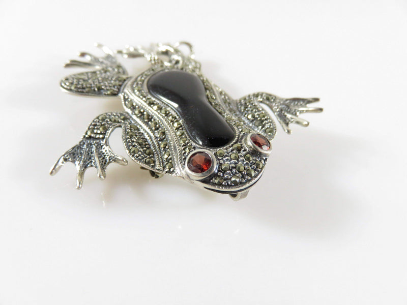 Large Sterling Frog Brooch Pendant Marcasite & Onyx Accented Décor Burgundy Eyes - Just Stuff I Sell