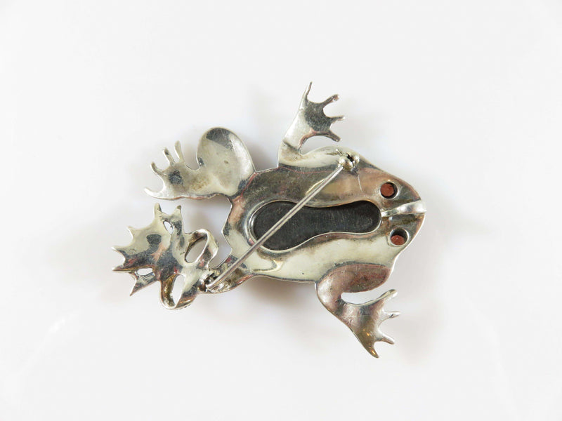 Large Sterling Frog Brooch Pendant Marcasite & Onyx Accented Décor Burgundy Eyes - Just Stuff I Sell