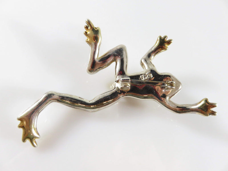 Large Holloware Sterling Frog Brooch Repousse Silver Gold Accented Leaping Frog - Just Stuff I Sell