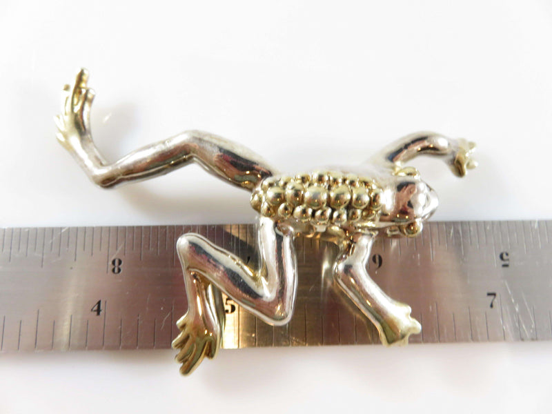 Large Holloware Sterling Frog Brooch Repousse Silver Gold Accented Leaping Frog - Just Stuff I Sell