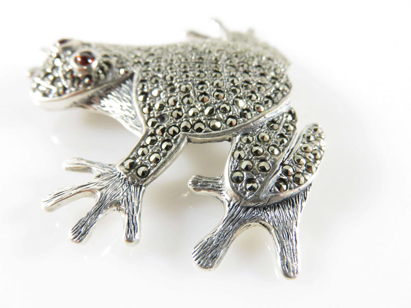 Sterling Marcasite Tree Frog Watching You with Burgundy Eyes 1 5/8 x 2 - Just Stuff I Sell