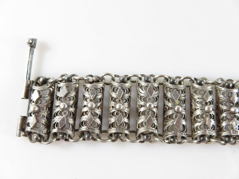 1939 Egyptian Wire Filigree Panel Bracelet 800 Silver Pin Lock Mechanism 7 1/4" - Just Stuff I Sell