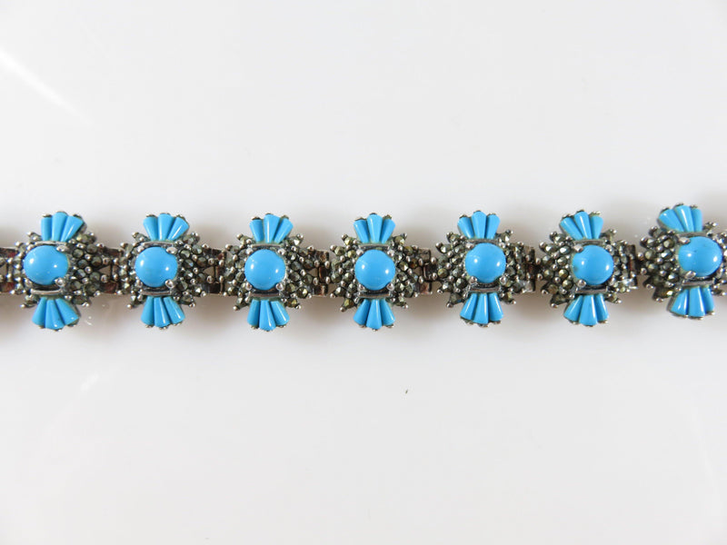 Sterling Silver Marcasite & Turquoise Tribal Style Link Bracelet 6 1/2" - Just Stuff I Sell