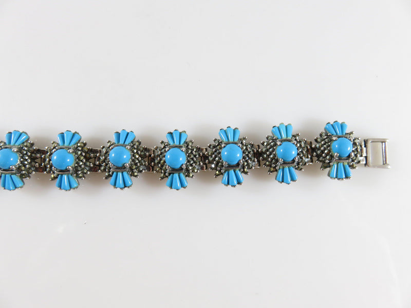 Sterling Silver Marcasite & Turquoise Tribal Style Link Bracelet 6 1/2" - Just Stuff I Sell
