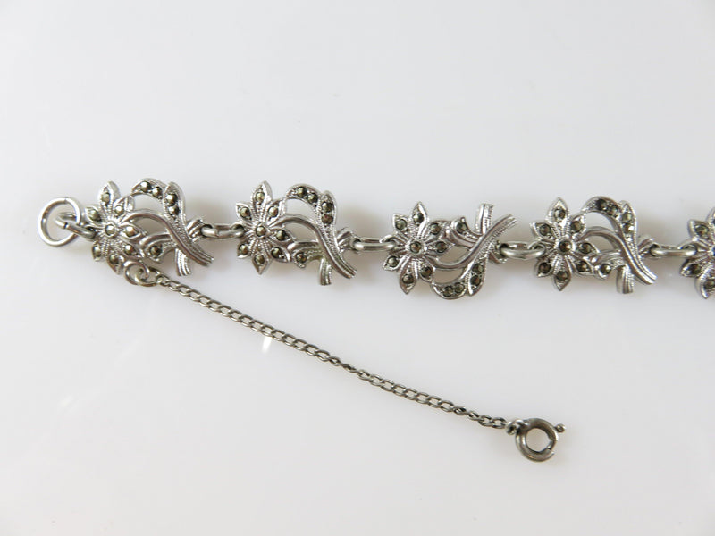 Vintage 7" Sterling Marcasite Flower Link Bracelet With Safety Chain Wear or Repurpose - Just Stuff I Sell