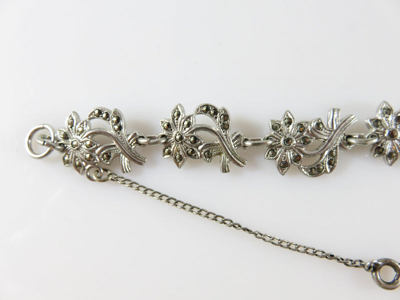 Vintage 7" Sterling Marcasite Flower Link Bracelet With Safety Chain Wear or Repurpose - Just Stuff I Sell