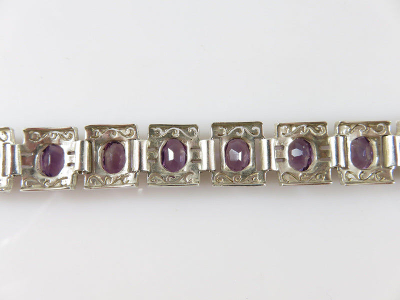 Vintage Sterling 15 Amethyst Panel Bracelet with Marcasite Accents 7" TL Germany - Just Stuff I Sell