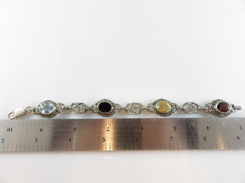 Vintage Sterling Silver Onyx Topaz Citrine & Garnet Marcasite Link Bracelet 7 1/4" - Just Stuff I Sell