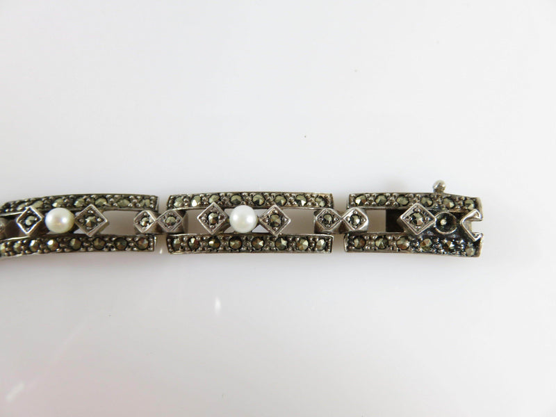 Heavy 30 Gram Sterling Silver Marcasite & Pearl Fancy Link Bracelet for Repair 7 3/8" - Just Stuff I Sell