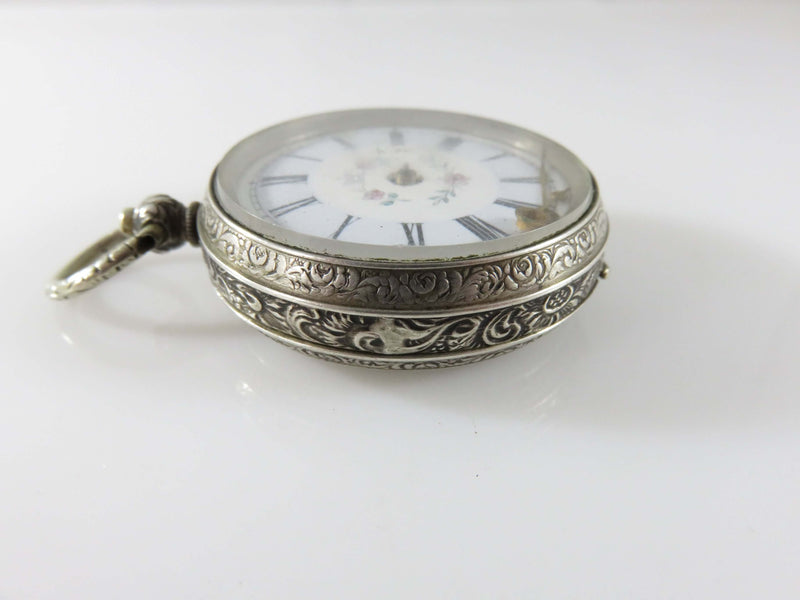c1910 Fancy Case Fancy Dial Women's Swiss 800 Silver Pocket Watch For Repair/Parts