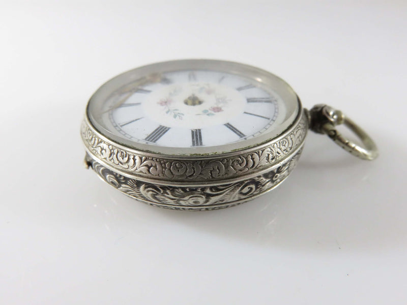 c1910 Fancy Case Fancy Dial Women's Swiss 800 Silver Pocket Watch For Repair/Parts