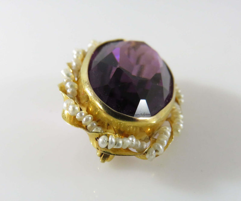 Antique Art Nouveau Style 10K Seed Pearl Wrapped Purple Glass Brooch Pin by Mara