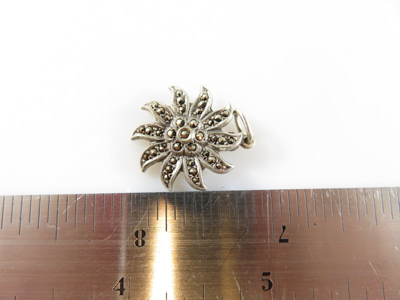 Petite Vintage Sterling Marcasite Flower or Sunburst Pendant Charm 20.43mm