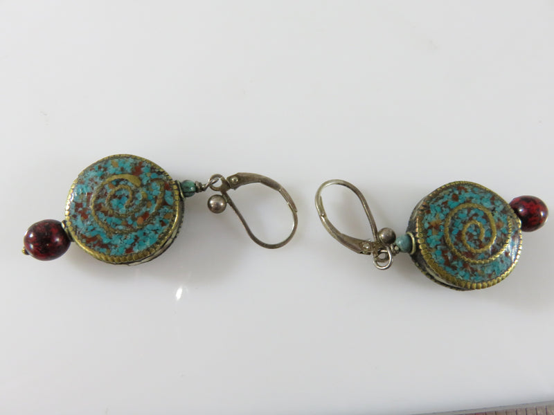 Southwestern Style Mixed Media Artisan Dangle Earrings Brass, Sterling, Stone