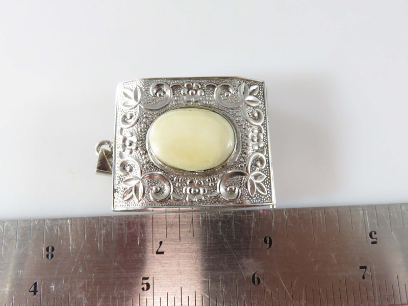 Antique Sterling Repousse Mint Pill Snuff Box Pendant With Cream Colored Bone