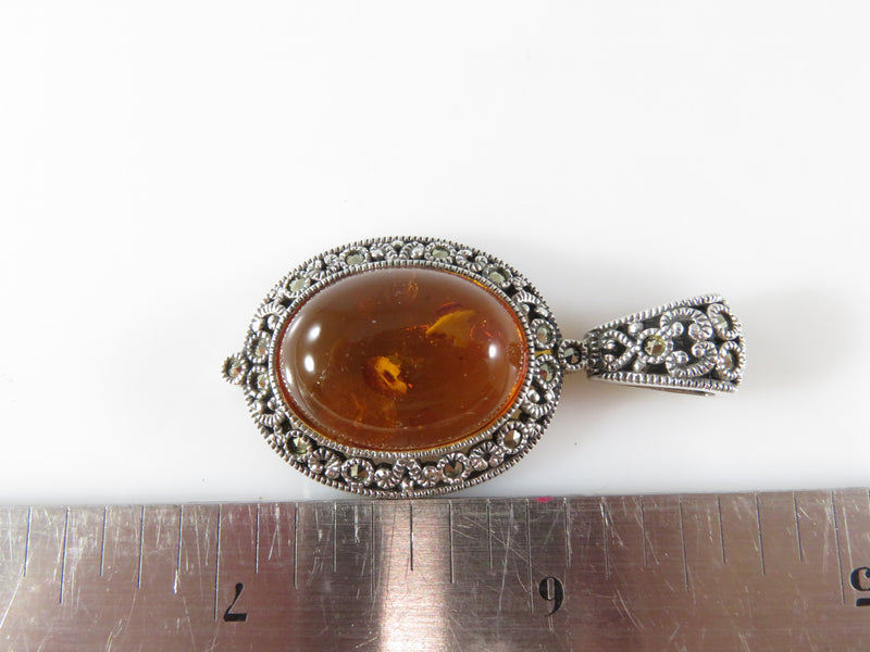Vintage Oval Amber Pendant With Marcasite Accents in Sterling Silver by Judith Jack