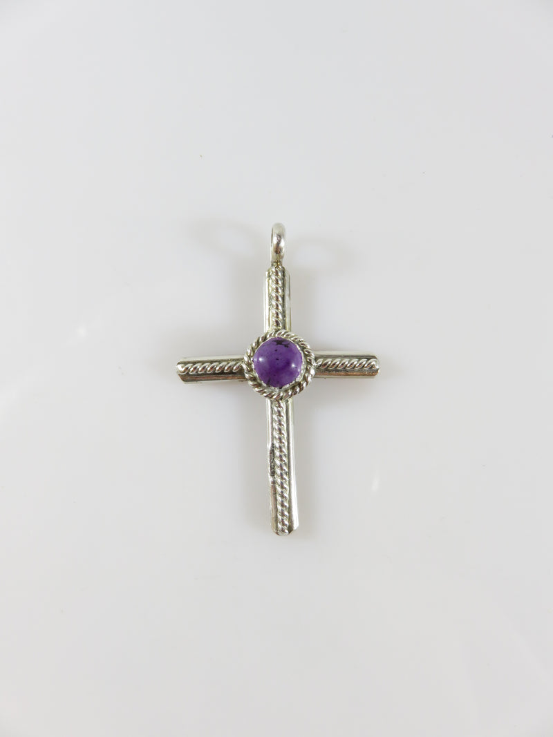 Vintage Southwestern Cabochon Purple Stone Wire Wrapped Sterling Silver Cross