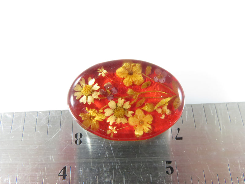 Vintage Pressed Flower Pendant Brooch Red in Red Oval Sterling Silver T-O Signed