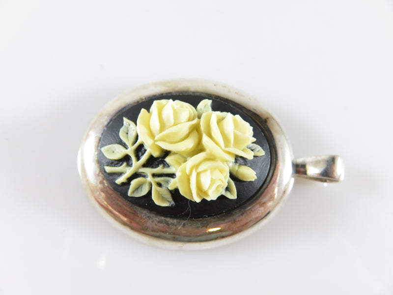 Sterling Silver Milor Italy White on Black 3D Flower Cameo Pendant Brooch