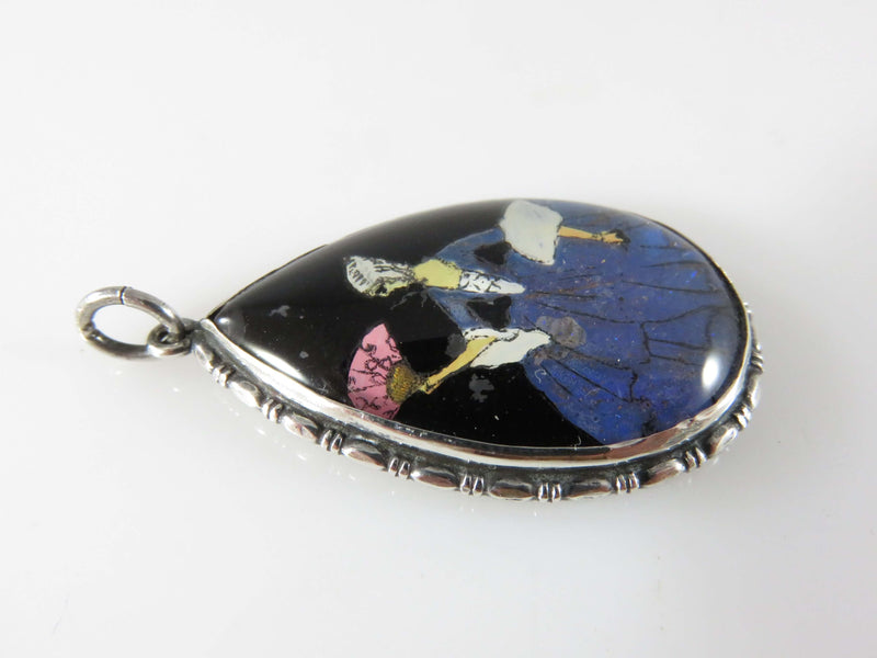 Antique French Silver Pendant Painted Woman on Blue Morpho Butterfly Wing