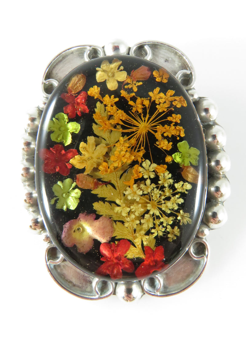 Vintage Dried Flower Cabochon Pendant Brooch Black Oval Sterling Silver 925 TO-34