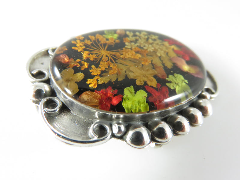 Vintage Dried Flower Cabochon Pendant Brooch Black Oval Sterling Silver 925 TO-3