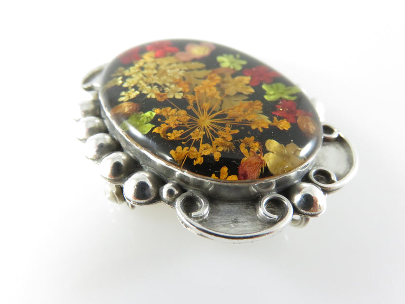 Vintage Dried Flower Cabochon Pendant Brooch Black Oval Sterling Silver 925 TO-34