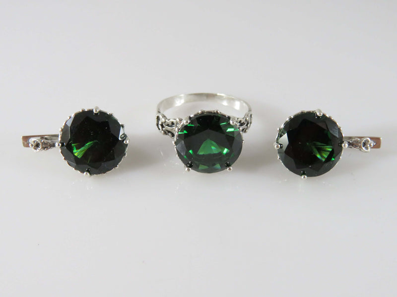 Fancy Vintage Sterling Ring & Earring Set Round Green Tourmaline Glass European