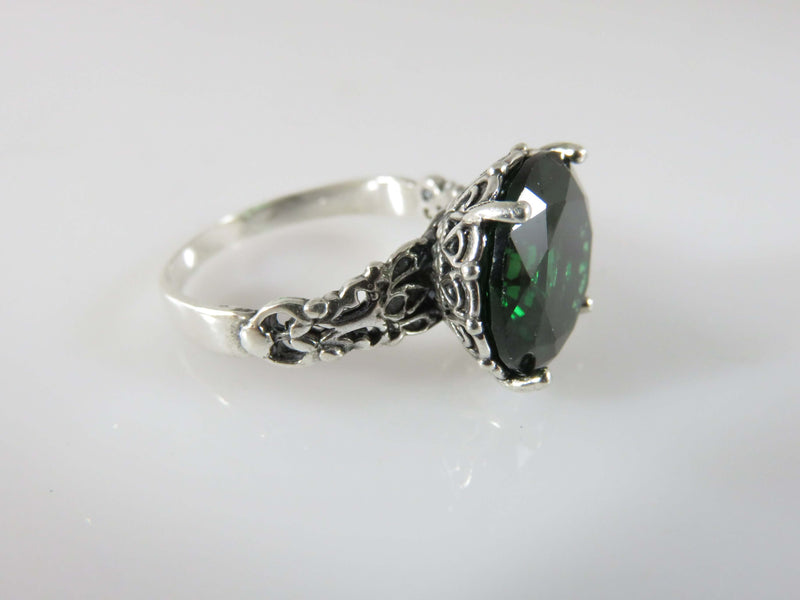 Fancy Vintage Sterling Ring & Earring Set Round Green Tourmaline Glass European Design