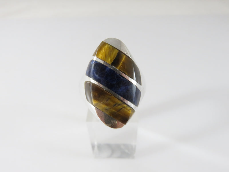 Vintage Mexico Sterling Men's Ring Tigers Eye Lapis CMM Old Mexican Ring Sz 10.5