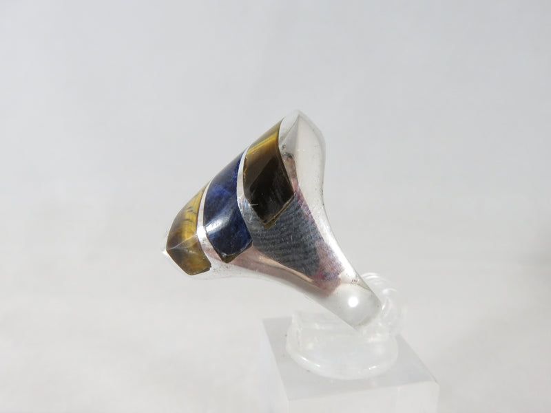 Vintage Mexico Sterling Men's Ring Tigers Eye Lapis CMM Old Mexican Ring Sz 10.5