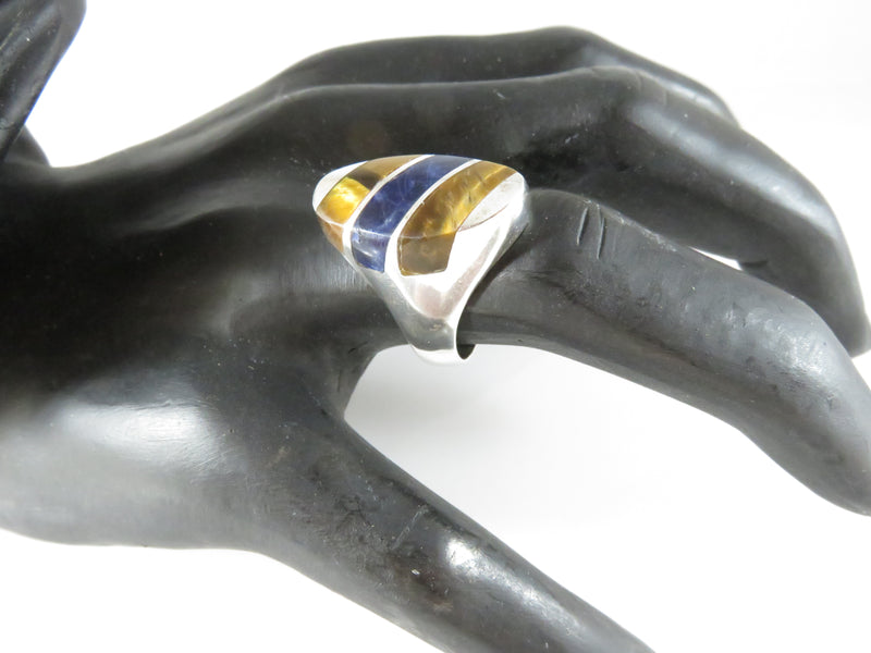 Vintage Mexico Sterling Men's Ring Tigers Eye Lapis CMM Old Mexican Ring Sz 10.5