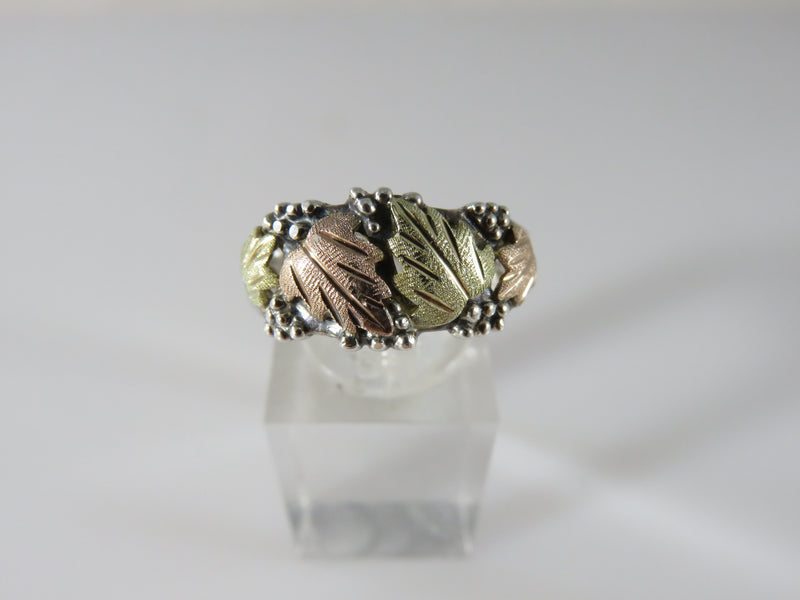 Sterling Silver Band Ring Pink Gold Leaf, Yellow Gold Leaf Artisan Signed DD Size 7.75