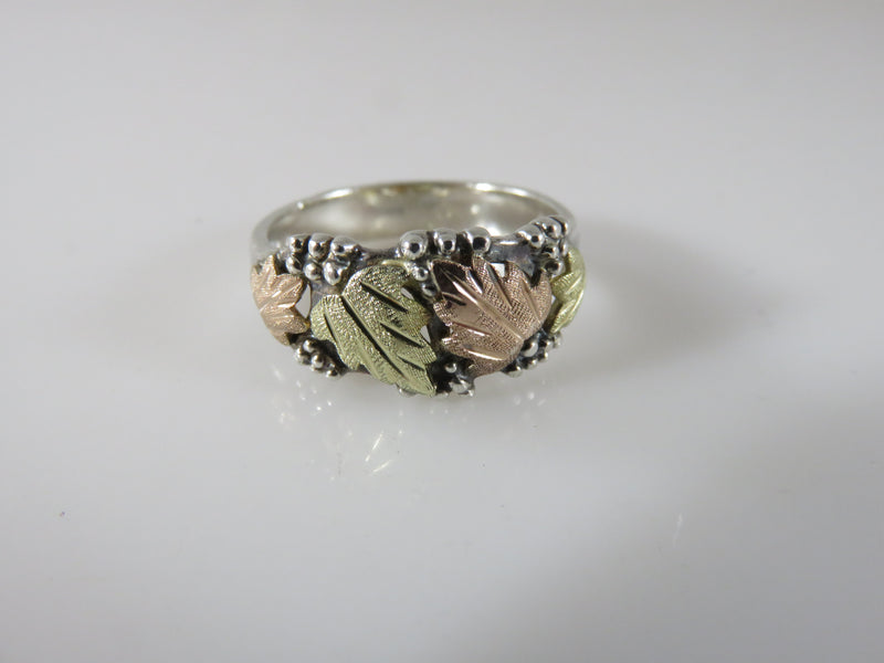 Sterling Silver Band Ring Pink Gold Leaf, Yellow Gold Leaf Artisan Signed DD Size 7.75