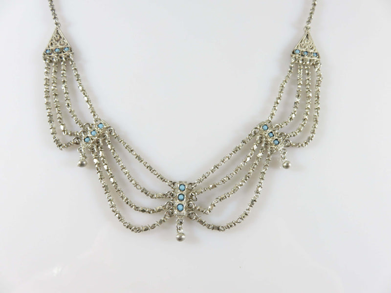 Antique Sterling Edwardian Style Festoon 15" Choker Necklace With Turquoise