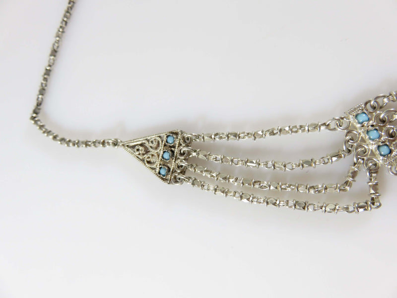 Antique Sterling Edwardian Style Festoon 15" Choker Necklace With Turquoise