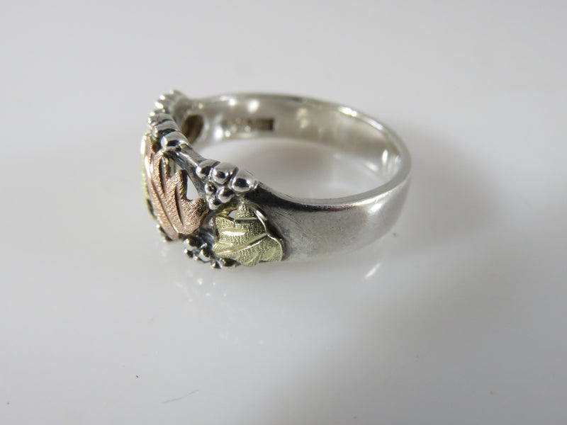 Sterling Silver Band Ring Pink Gold Leaf, Yellow Gold Leaf Artisan Signed DD Size 7.75