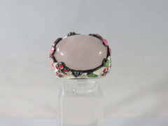 David Sigal Cabochon Rose Quartz Floral Enamel Blackened Silver