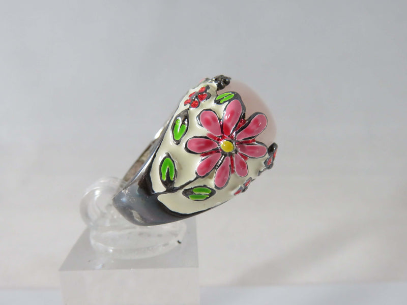 David Sigal Cabochon Rose Quartz Floral Enamel Blackened Silver Ring Size 7.75