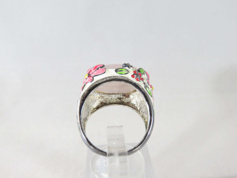 David Sigal Cabochon Rose Quartz Floral Enamel Blackened Silver Ring Size 7.75