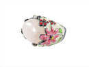 David Sigal Cabochon Rose Quartz Floral Enamel Blackened Silver Ring Size 7.75 — Silver, Enamel — front view