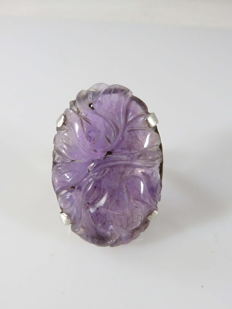 Bold Asian Style Carved Floral Amethyst Stone in ATR Sterling Silver Setting - Damanged
