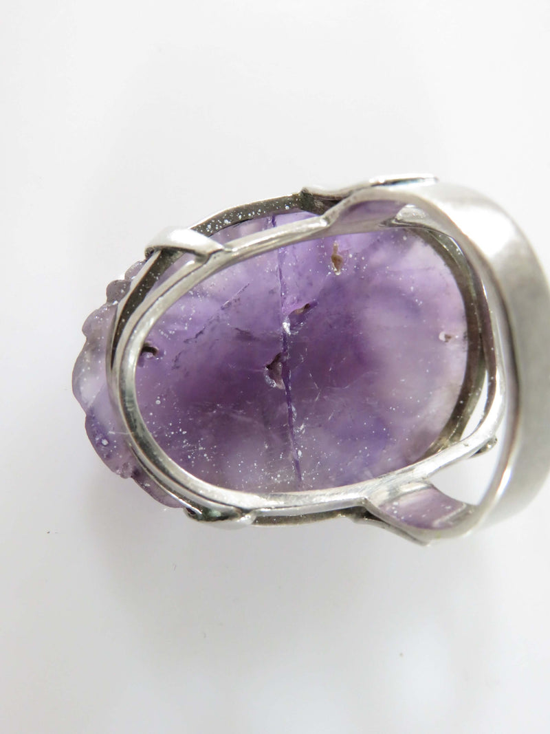 Bold Asian Style Carved Floral Amethyst Stone in ATR Sterling Silver Setting - Damanged