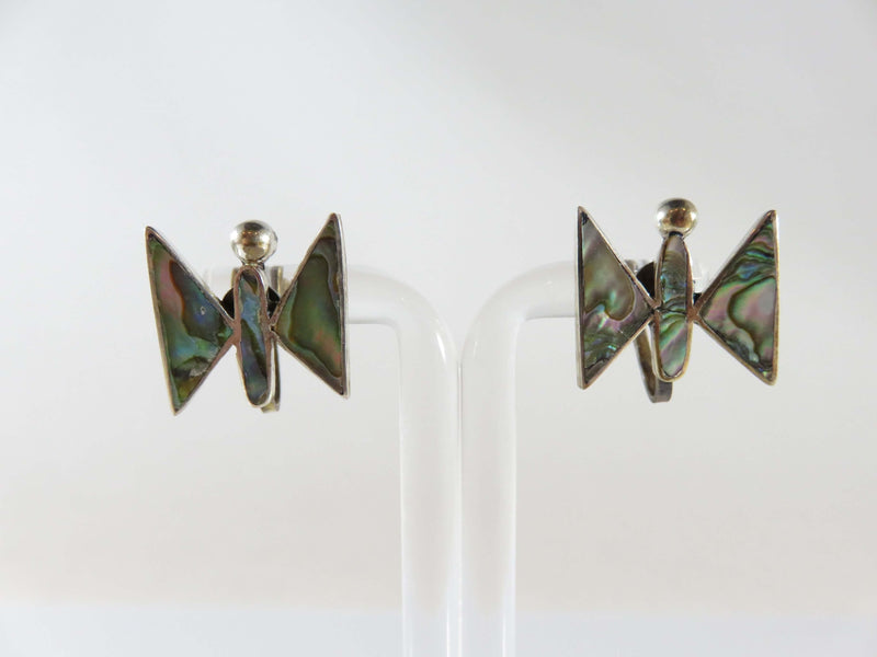 Butterfly Form Abalone & Sterling JHE Taxco Mexico Screw Back Earring Set
