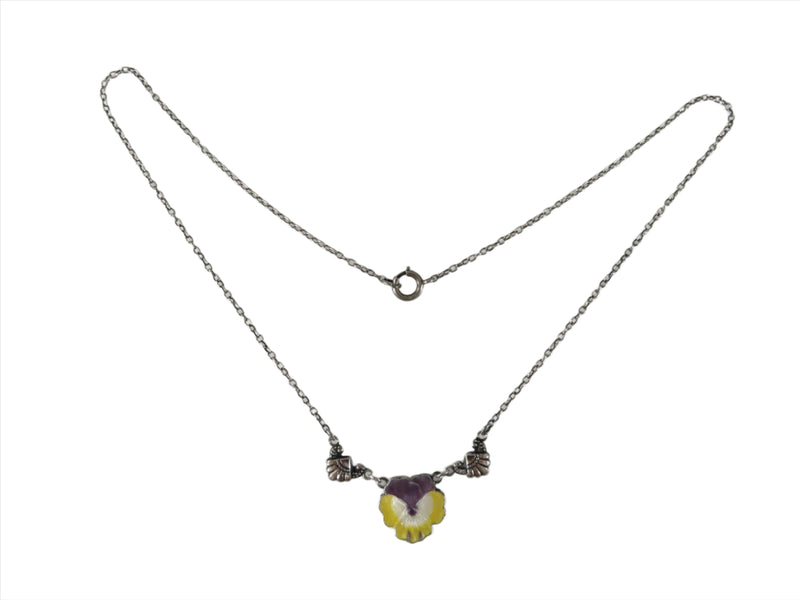 Petite Edwardian Style 925 Enameled Pansy Flower Necklace with Fan Accent